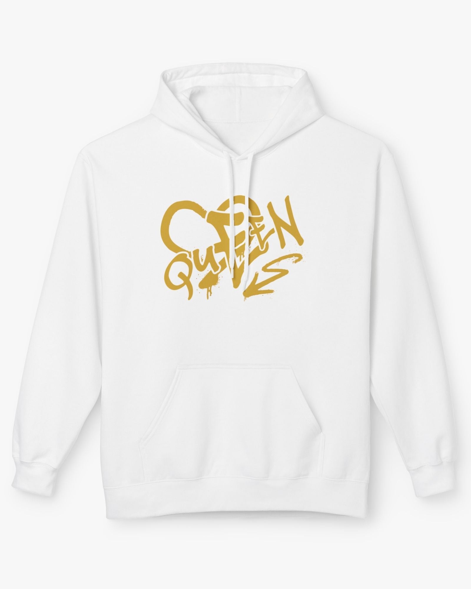White hoodie with gold text design on a white background
