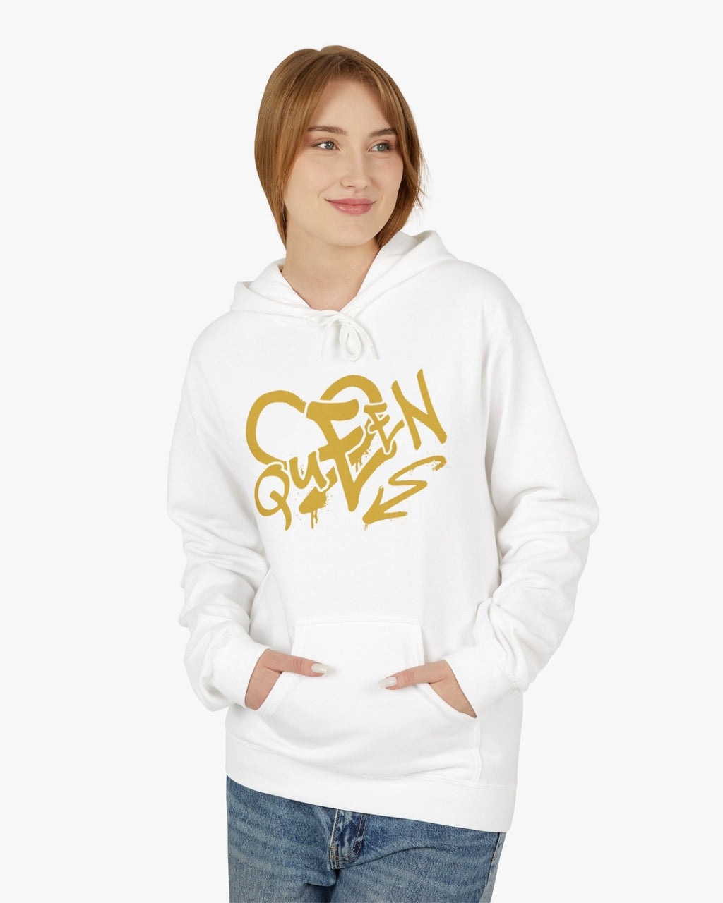 Person wearing a white hoodie with gold text on a white background