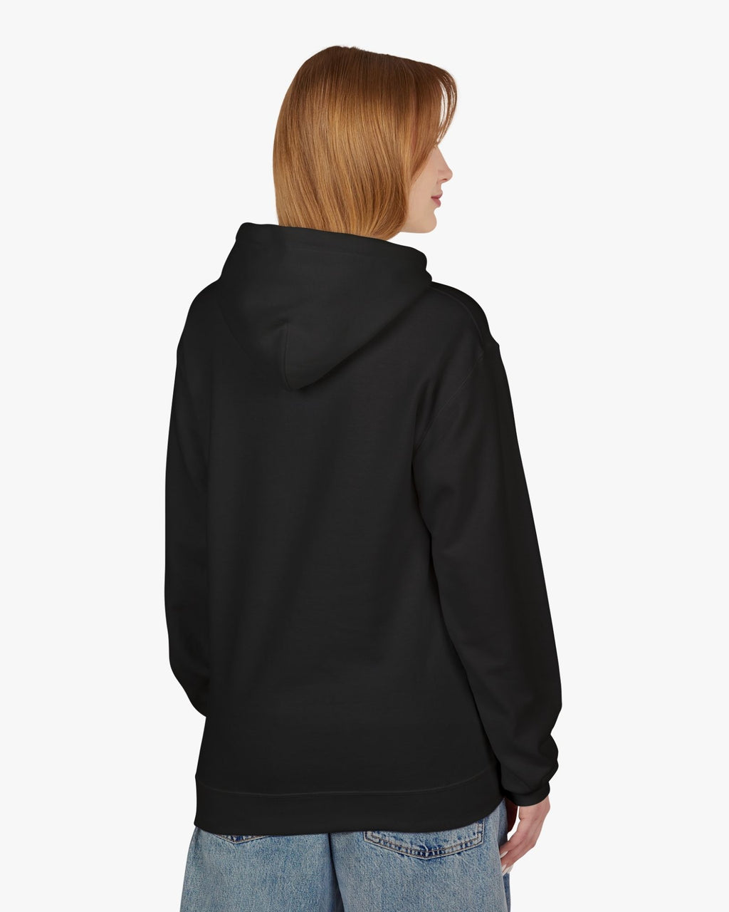 Person wearing a black hoodie from behind on a white background