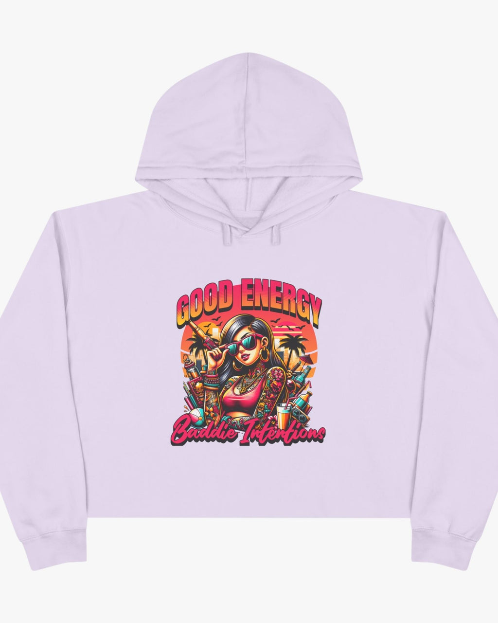 Lavender hoodie with a colorful graphic design on a white background