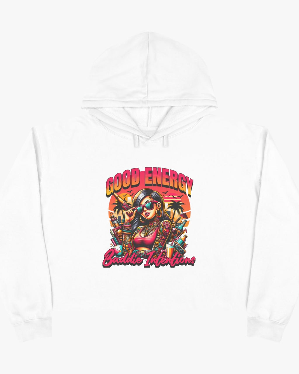 White t-shirt with a colorful graphic design featuring a woman and text on a white background