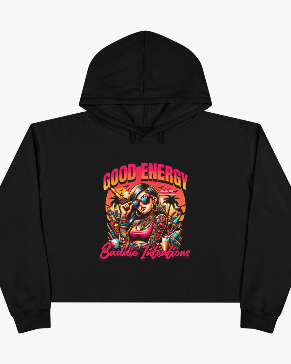 Black hoodie with a colorful graphic design on a white background