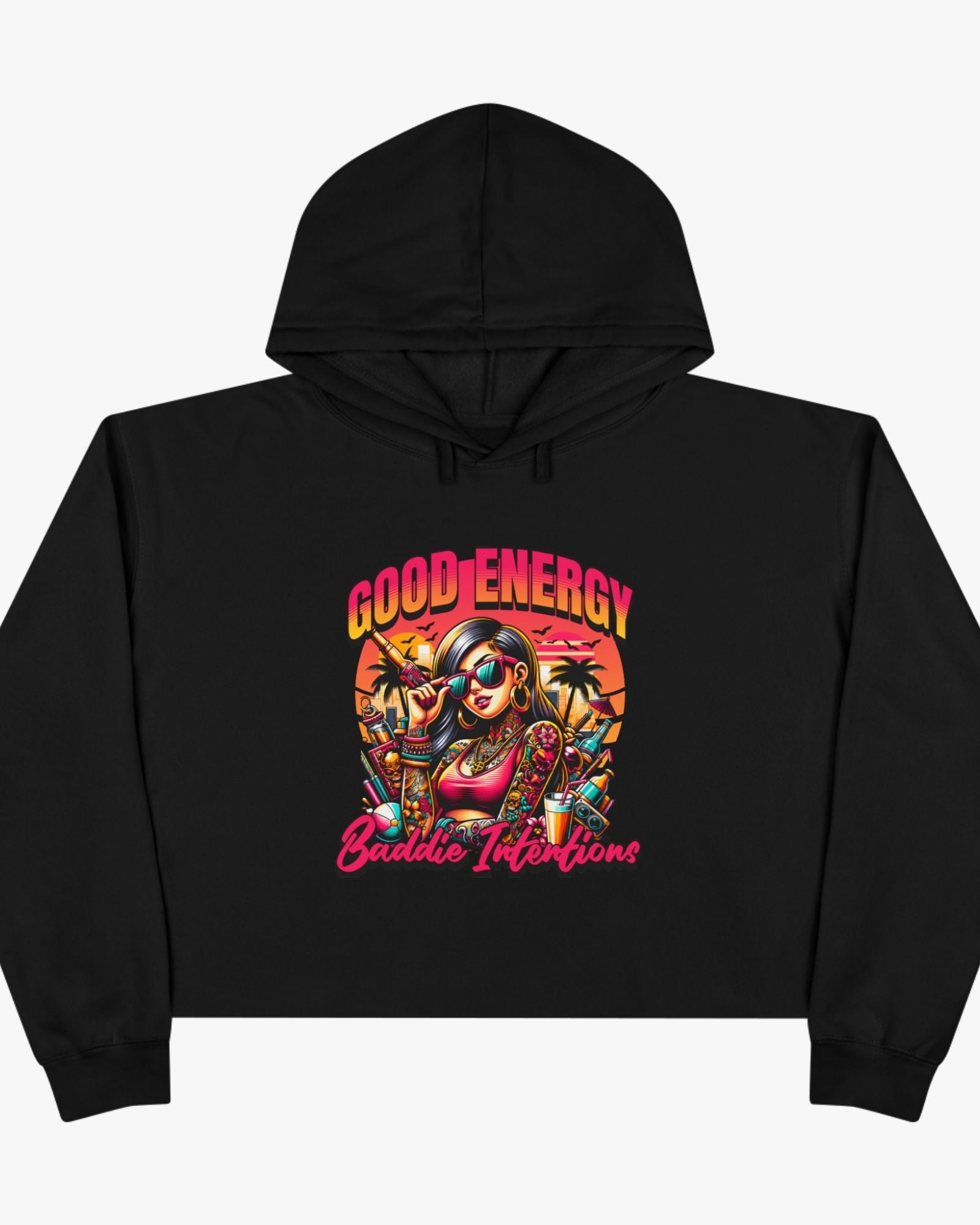Black hoodie with a colorful graphic design on a white background
