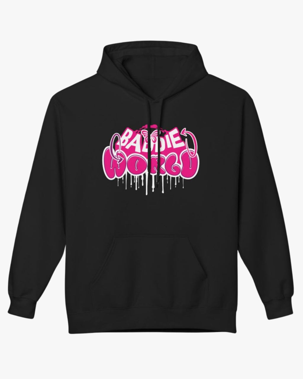Black hoodie with pink and white text design on a white background