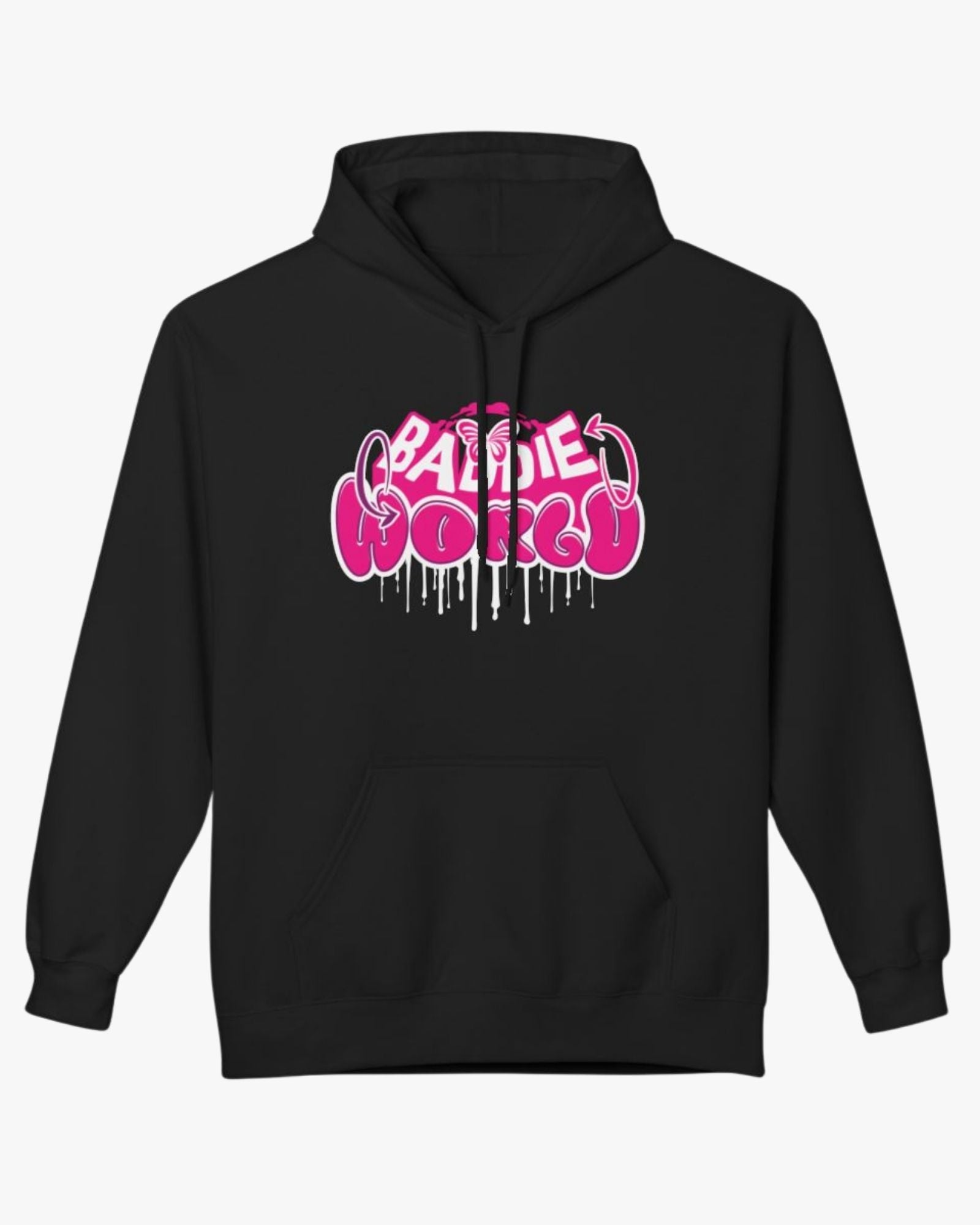 Black hoodie with pink and white text design on a white background