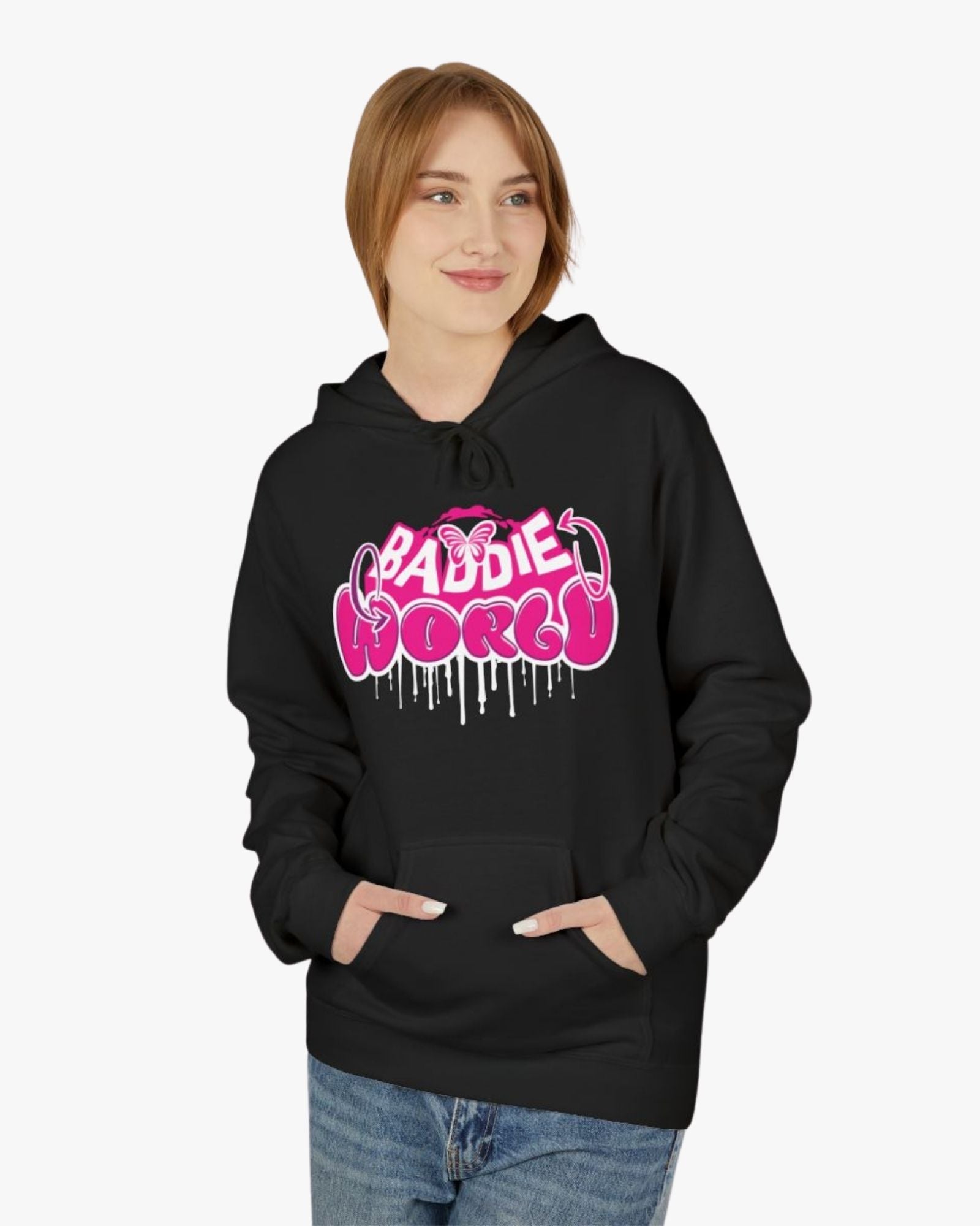 Person wearing a black hoodie with pink and white text on a white background