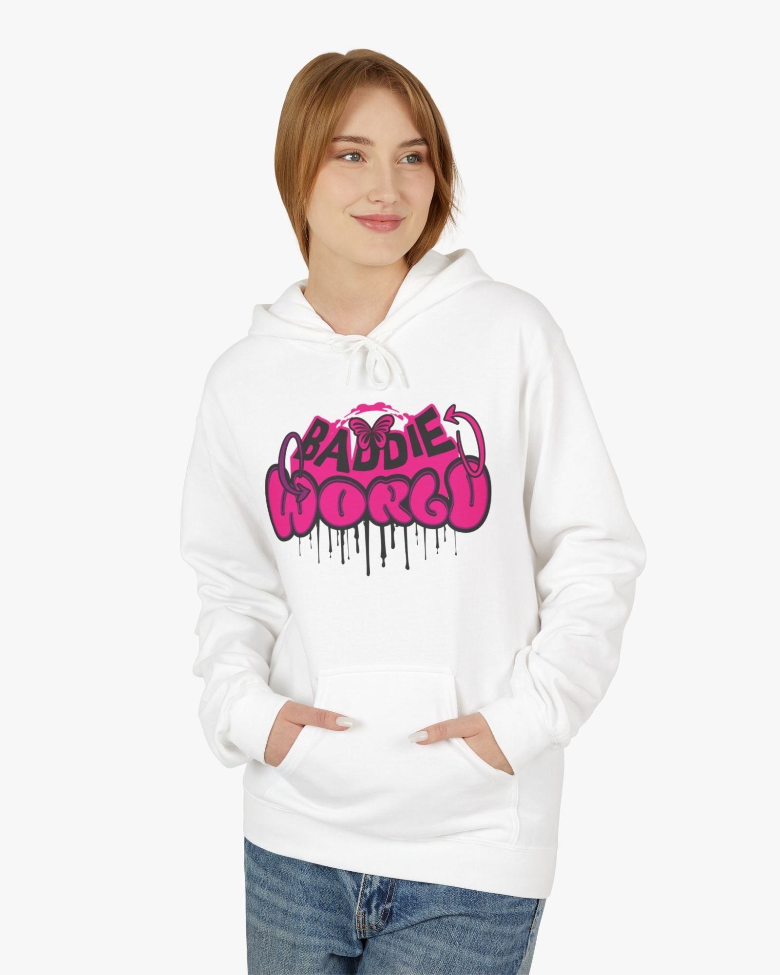 Person wearing a white hoodie with pink text design on a white background