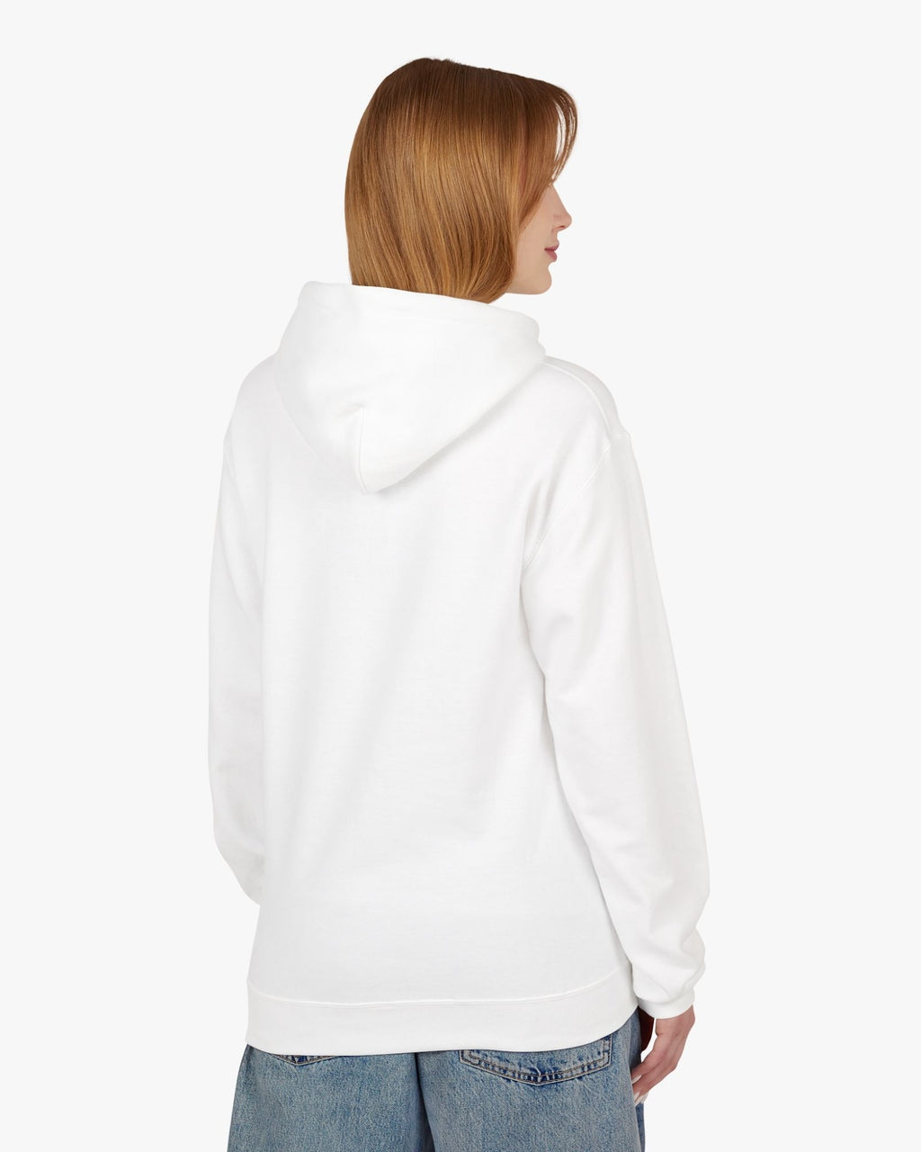 Person wearing a white hoodie from behind on a plain background