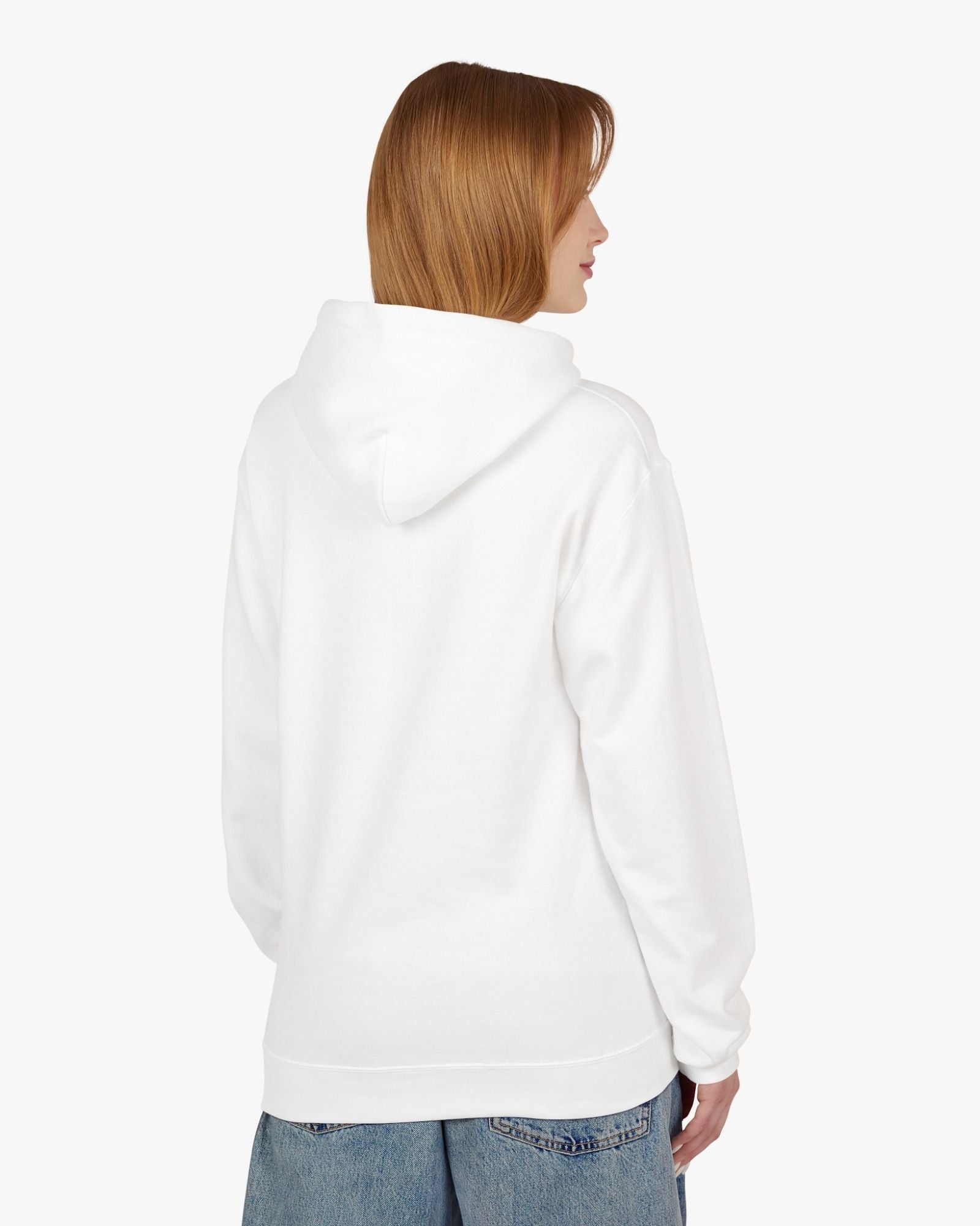 Person wearing a white hoodie from behind on a plain background