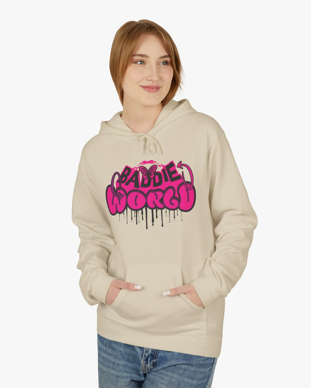 Person wearing a beige hoodie with pink and black text design on a white background